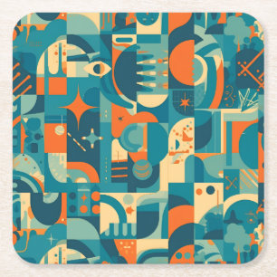 Oranje en Turquoise Geometrisch Abstract Vierkante Kartonnen Onderzetter