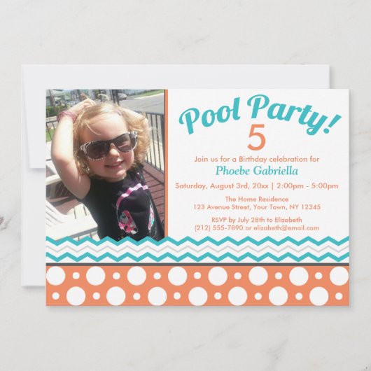 Oranje en Turquoise Pool Party Birthday Invitation Kaart (Voorkant)