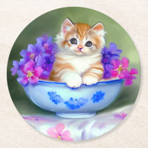 Oranje en White Kitten Illustratie Ronde Kartonnen Onderzetter