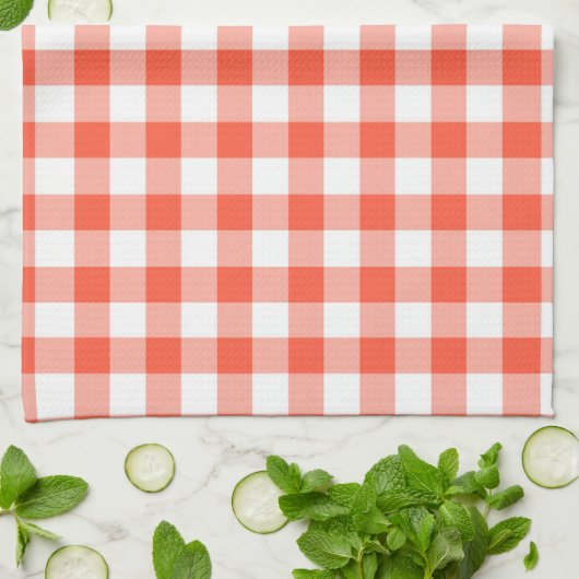 Oranje en wit Gingham Check Patroon Theedoek (Gevouwen)