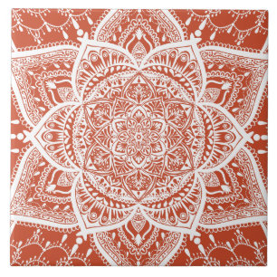 Oranje en wit Mandala - Loergann in Terracotta Tegeltje