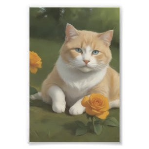 Oranje en Witte Kat met een Gele Roos Foto Afdruk