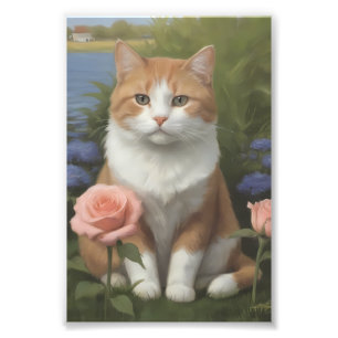 Oranje en witte kat met roze rozen foto afdruk