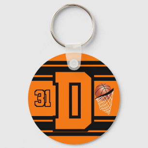 Oranje en zwart Basketball Letter en Number Sleutelhanger