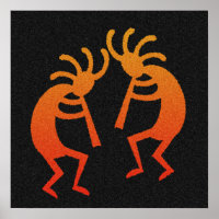 Oranje en zwart danserend Kokopelli