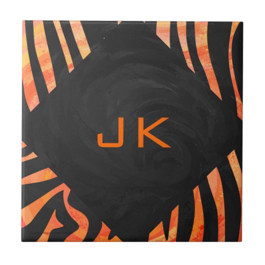 Oranje en zwart Zebra monogram Tegeltje (Voorkant)