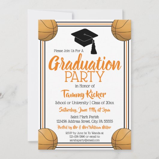 Oranje en zwarte Basketball Graduation Party Kaart (Voorkant)