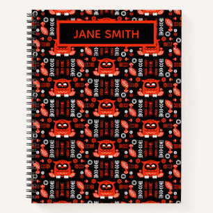 Oranje en Zwarte Folk Art Noordse Uil Notitieboek