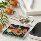 Oranje en zwarte papaver, florale acrylle sleutelr sleutelhanger (Voorkant Rechts)