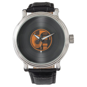 Oranje en zwarte Yin Yang Guitars Vinyl Graphic Horloge
