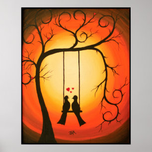 Oranje en zwarte zonsondergang met vogels poster