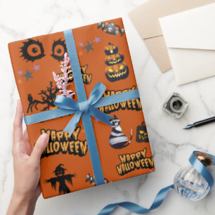 oranje enge Halloween Eyes pompoen kat Cadeaupapier
