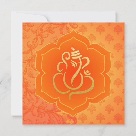 Oranje etnische Damask Gold Ganesh Indiase bruilof Kaart (Voorkant)