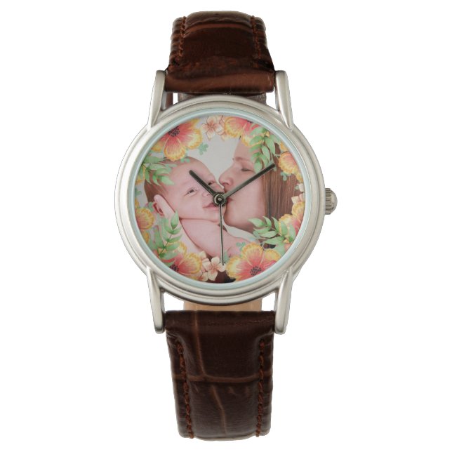  Oranje Floral - Aangepaste foto Horloge (Voorkant)