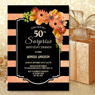 Oranje Floral Black Striped 50th Birthday Dinner Kaart
