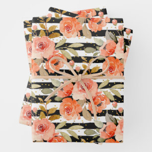 Oranje Floral Black White Stripes Stippen Inpakpapier Vel