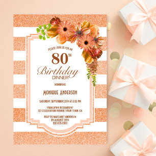Oranje Floral Striped 80th Birthday Dinner Party Kaart