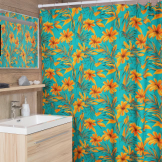 Oranje Floral Tropical Pattern Turquoise Douchegordijn