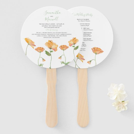 Oranje Floral Wedding Programme Fan Handwaaier (Voorkant en achterkant)