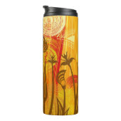 Oranje florale achtergrond thermosbeker (Geroteerd rechts)