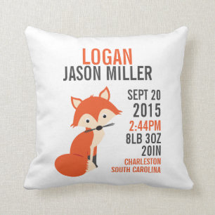Oranje Fox Birth Announcement Nursery Pillow Kussen