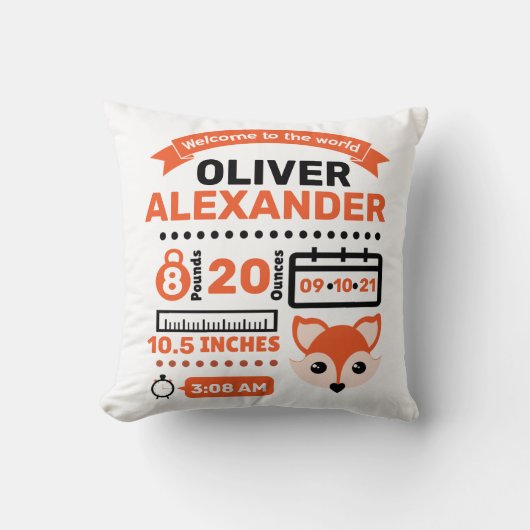 Oranje Fox Newborn Baby Stats Kussen (Voorkant)