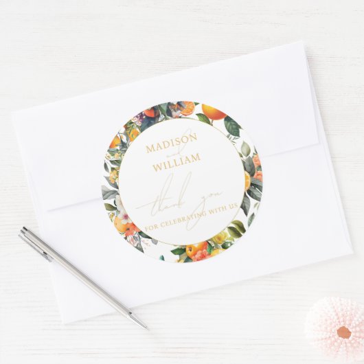Oranje fruitbruiloft Gepersonaliseerd Dank u Ronde Sticker (Envelop)