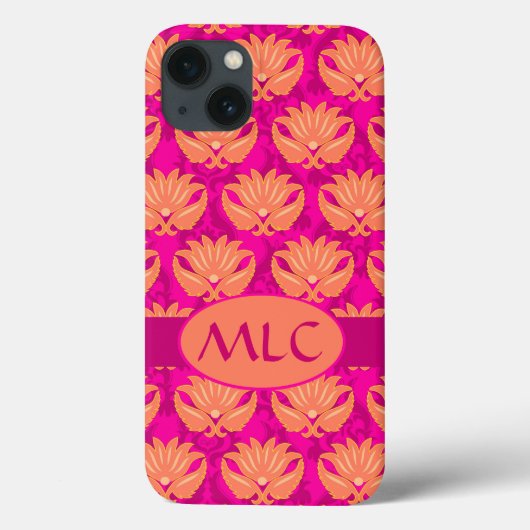 Oranje Fuchsia Pink Art Nouveau Damask Monogram Case-Mate iPhone Case (Achterkant)
