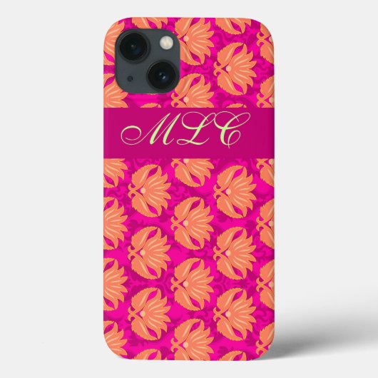 Oranje Fuchsia Pink Art Nouveau Damask Monogram Case-Mate iPhone Case (Achterkant)