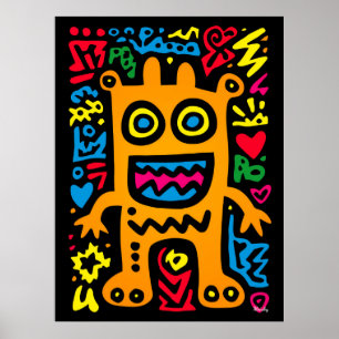 Oranje Funky Alien – Neon Pop Art Grappig Wezen  Poster
