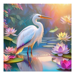 Oranje Gebekt Witte Reiger Fantasie Vogel Foto Afdruk
