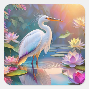Oranje Gebekt Witte Reiger Fantasie Vogel Vierkante Sticker