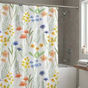 Oranje Geel Blauw Aquarel Wilde Bloem Douchegordijn