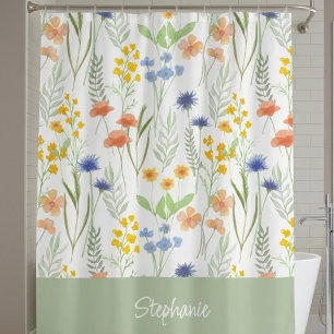 Oranje Geel Blauw Aquarel Wilde Bloem Monogram Douchegordijn
