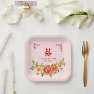 Oranje gele bloemen Chinese bruiloft Papieren Bordje