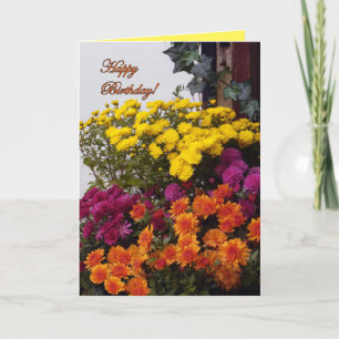 Oranje, Gele en Roze Mums, Gelukkige Verjaardag! Kaart
