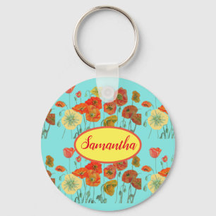 Oranje gele makreel Floral Aqua Poppy Girls Name Sleutelhanger