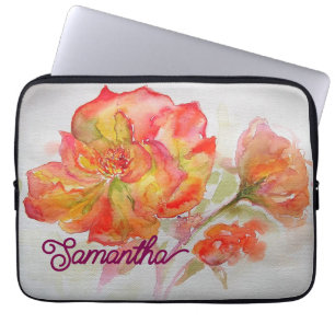 Oranje Gele Roze Waterverf Schilderij Bloemen Laptop Sleeve