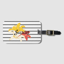 Oranje gele witte bloemen op zwarte witte streep bagagelabel