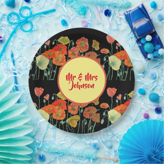 Oranje gele zwarte papaver  papieren bordje (Feest)