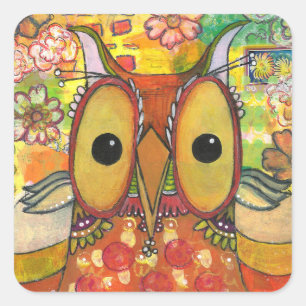 Oranje Gemengde Media Owl Vierkante Sticker
