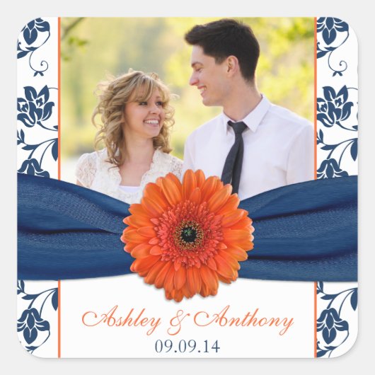 Oranje Gerber Daisy Navy Damask Bruiloft Stickers (Voorkant)