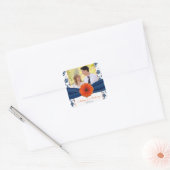 Oranje Gerber Daisy Navy Damask Bruiloft Stickers (Envelop)