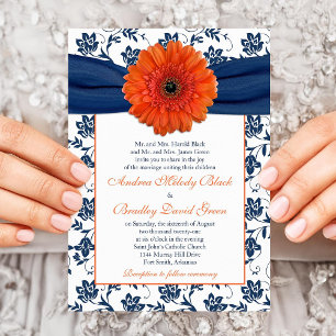 Oranje Gerber Daisy Navy Floral Wedding Invitation Kaart