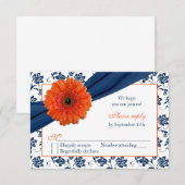 Oranje Gerber Navy Blue Damask Floral Wedding RSVP (Voorkant / Achterkant)
