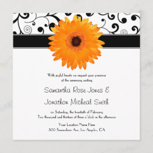 Oranje Gerbera Daisy Black Scroll Design Wedding Kaart