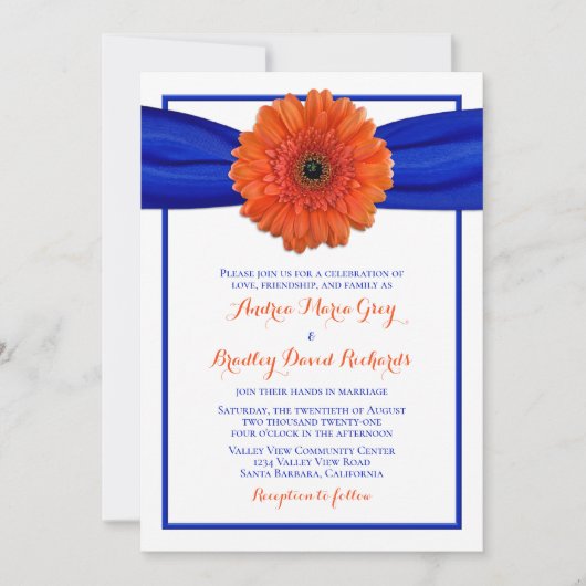 Oranje Gerbera Daisy Blue Wedding Uitnodiging (Voorkant)