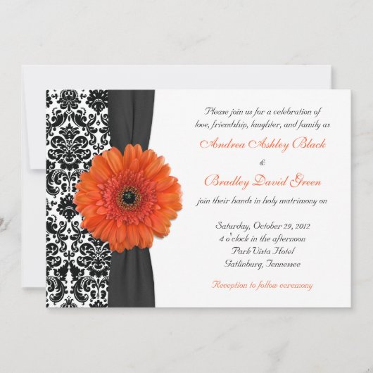 Oranje Gerbera Daisy Damask Wedding Invitation Kaart (Voorkant)