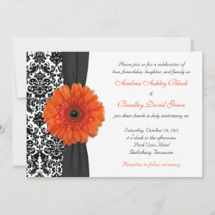 Oranje Gerbera Daisy Damask Wedding Invitation Kaart