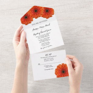 Oranje Gerbera Daisy Floral Wedding RSVP All In One Uitnodiging